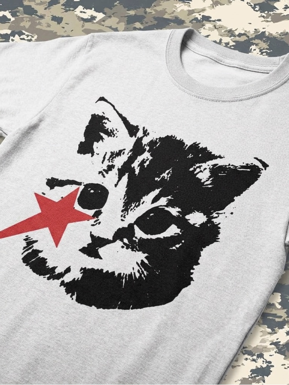 White Cat Graphic Tee with Red Star - Pet Cat Design - Picture 2 of 2